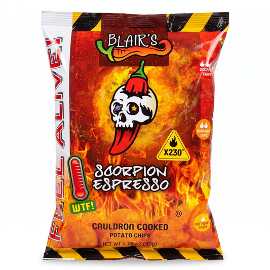 Blair's Scorpion Espresso Chips, 50-g-Tüte von vorne