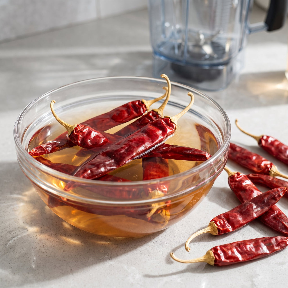 Getrocknete Guajillo Chilischoten weichen in einer Glasschüssel mit Wasser ein