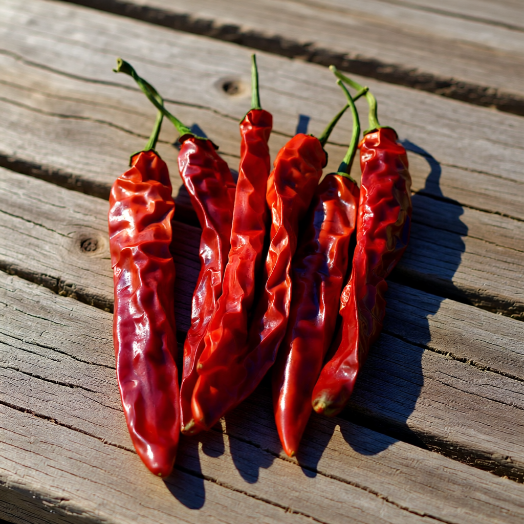 getrocknete vietnamesische Cayenne Chili Schoten auf Holzbrett