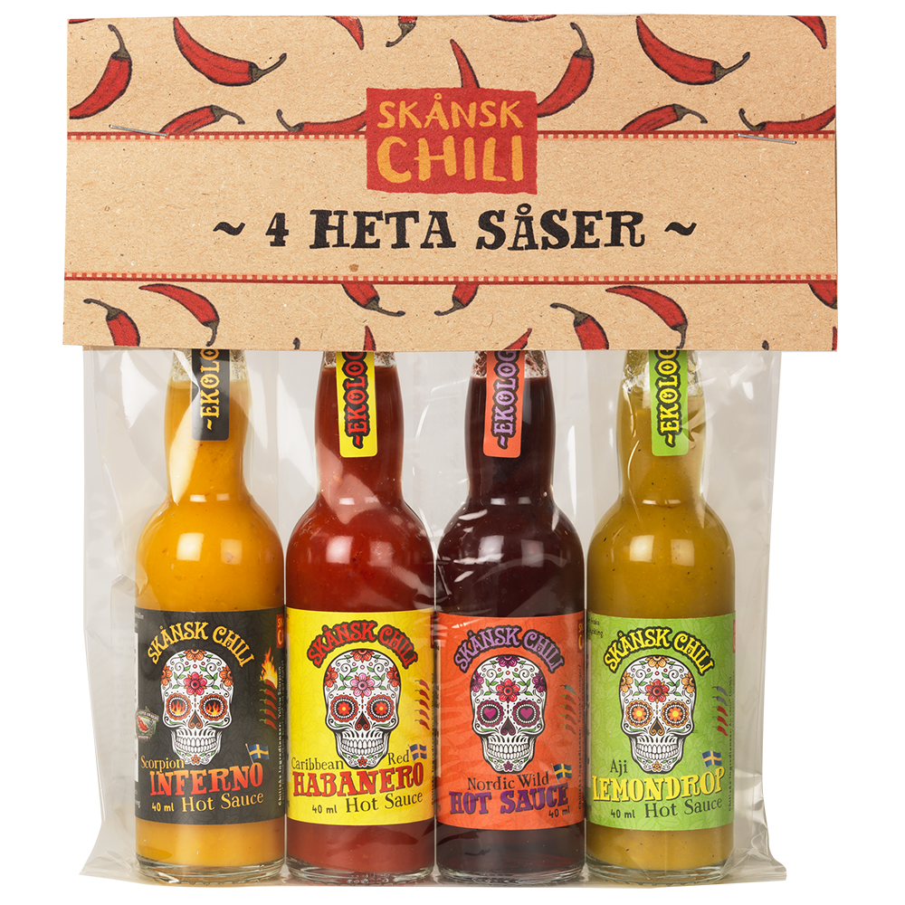 Skånsk Chili 4er Hot Saucen Geschenkset mit verschiedenen Schärfegraden